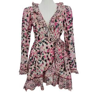 Rococo Sands Womans size M Mimi True Wrap Mini Dress Pink Watercolor Long Sleeve